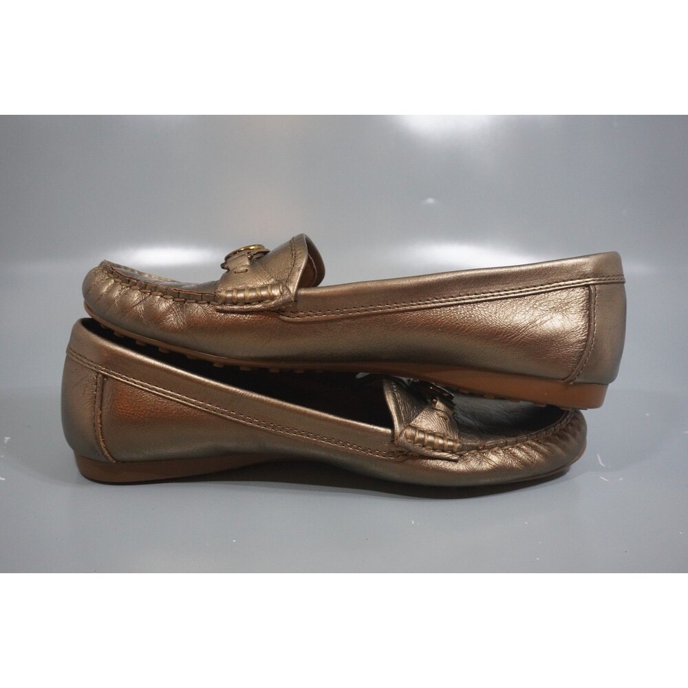 Coach Fonda Womens 7.5B Gold Patent Leather Driving Loafers Moccasin Flats Logo - Picture 5 of 8